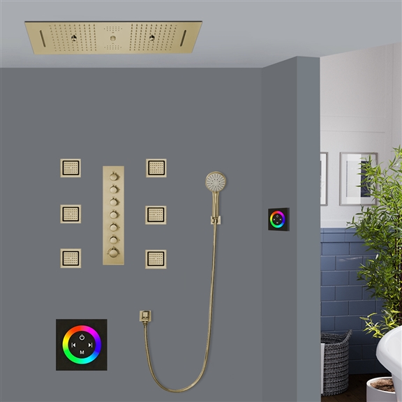 TARANTO LED TOUCH PANEL CONTROLLED THERMOSTATIC RECESSED CEILING BRUSHED GOLD MOUNT RAINFALL WATER COLUMN WATERFALL MIST SHOWER SYSTEM WITH ROUND HAND SHOWER AND BODY JETS